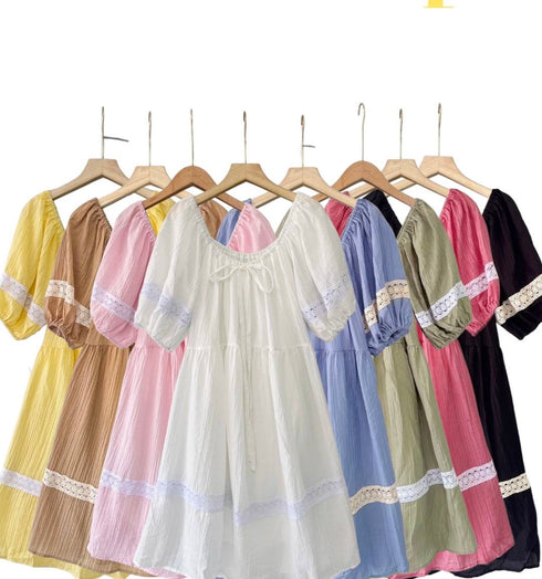 Women Puff Sleeves Mini Dress With Lace Trim